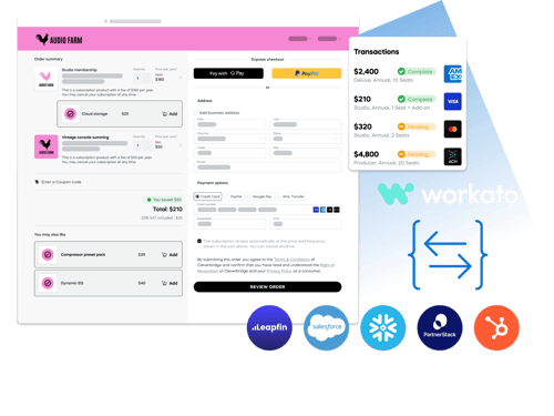 Checkout interface for Audio Farm with payment options, transaction details, and partner logos like Workato and Salesforce.