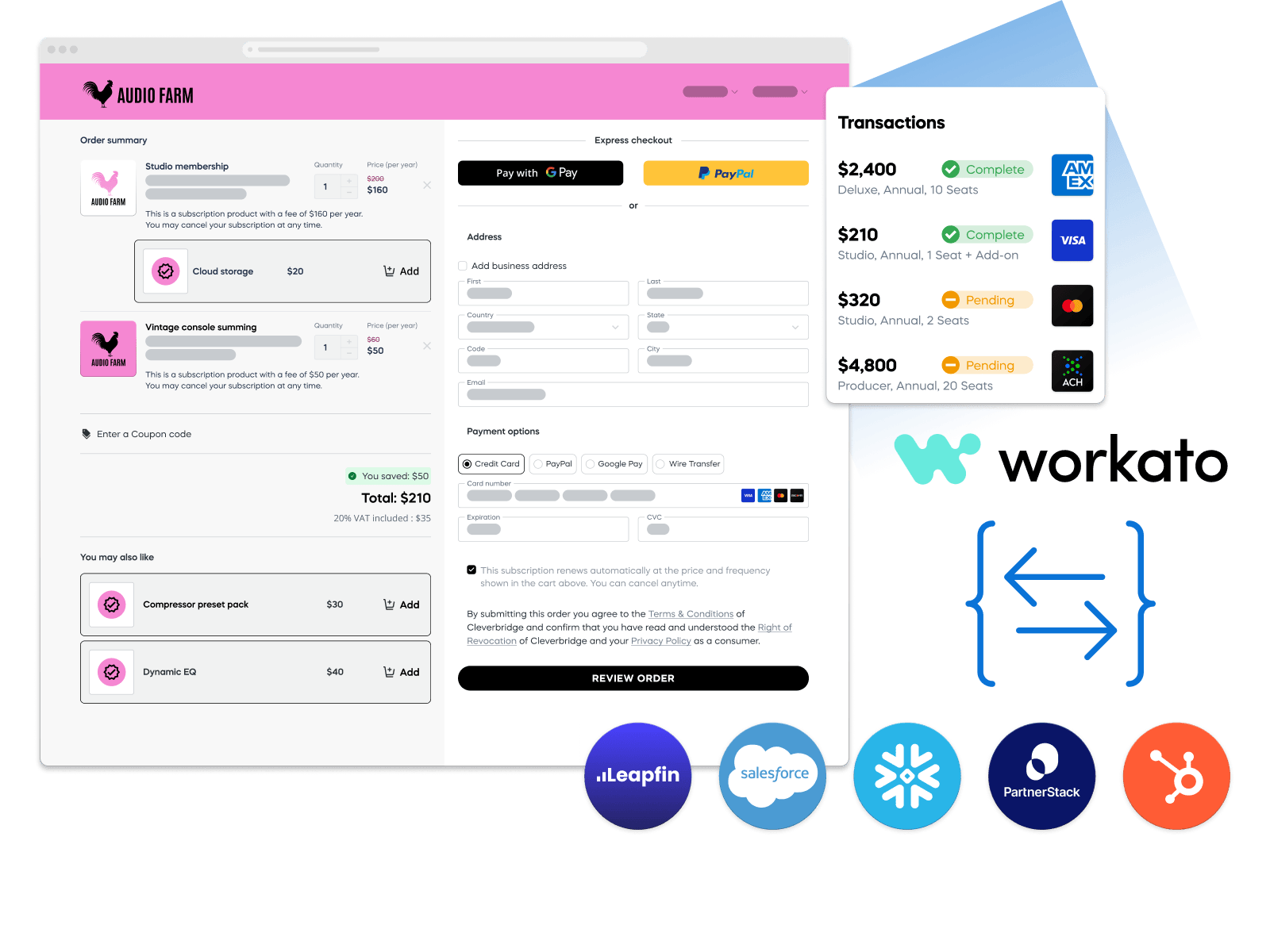 Checkout interface for Audio Farm with payment options, transaction details, and partner logos like Workato and Salesforce.