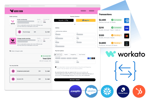 Checkout interface for Audio Farm with payment options, transaction details, and partner logos like Workato and Salesforce.