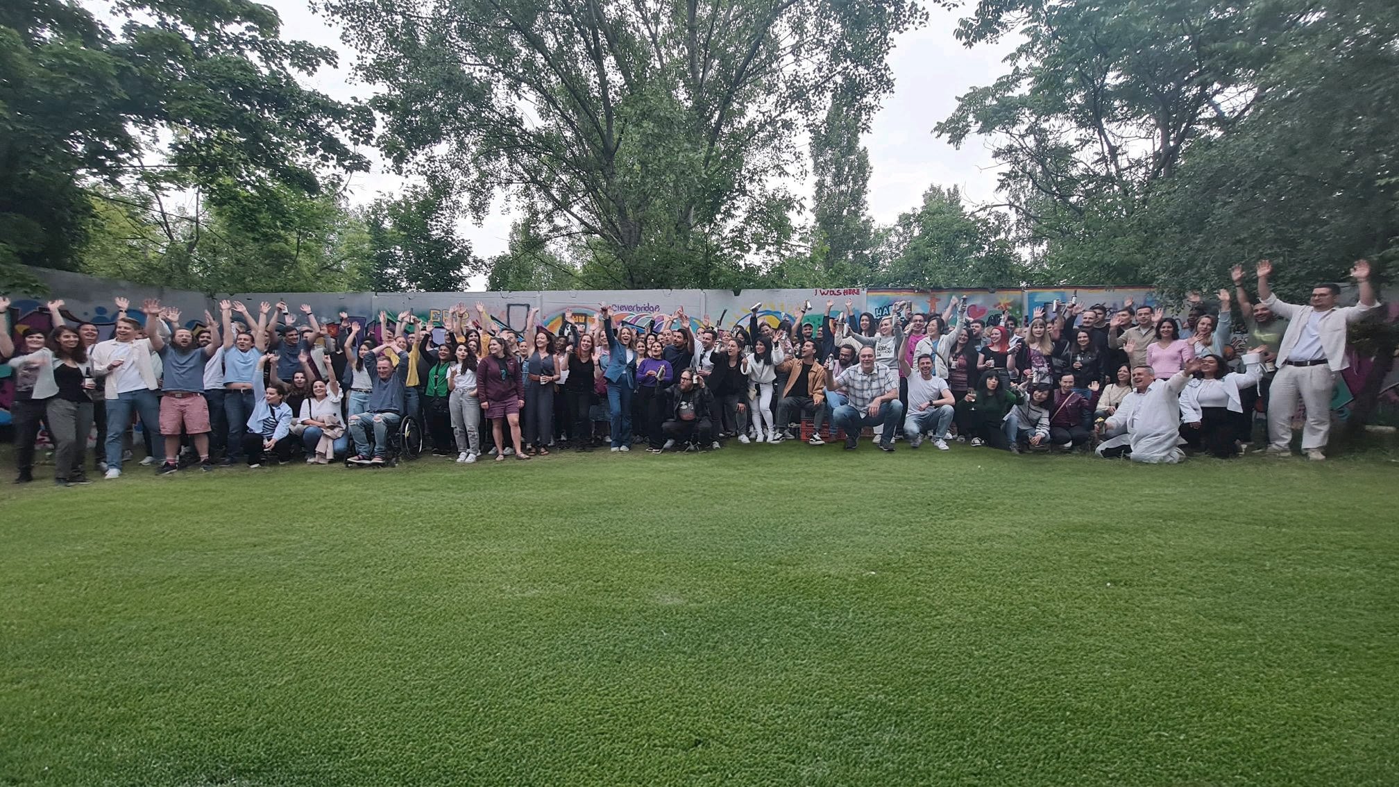 Large group of Cleverbridge employees standing outside