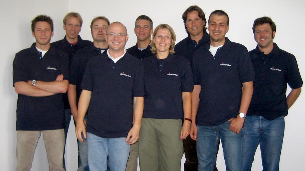 Group of Cleverbridge founders standing together in an office