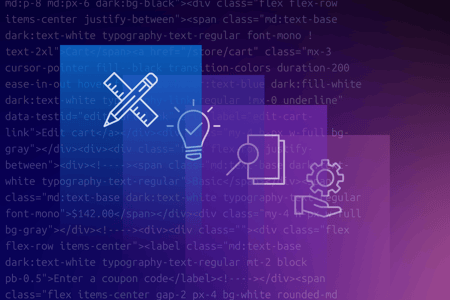 Design and development icons overlaying code snippets on a purple-blue gradient background.
