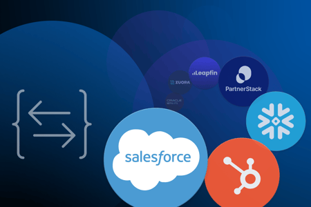 Tech logos including Salesforce, HubSpot, and PartnerStack on a blue background with data exchange symbols.