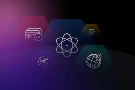 Hexagonal icons with credit card, calendar, globe, and document over a purple gradient background.