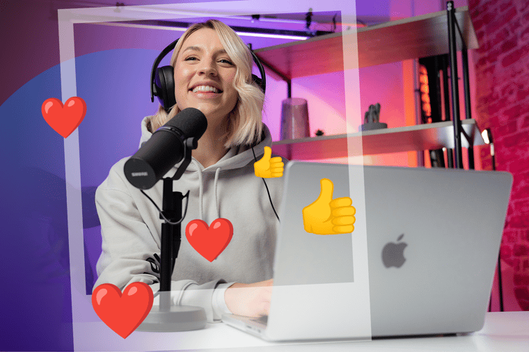 A creator wearing headphones records at a microphone and laptop, with heart and thumbs-up icons showing social engagement.